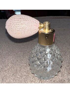 Vintage Diamond-Cut Glass Perfume Bottle Pink Bulb Atomizer Gold Accents Coquett